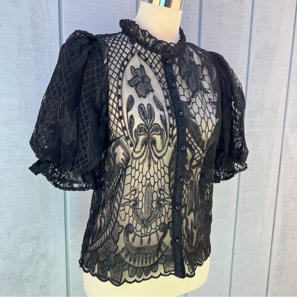 Story On Lace Sheer Balloon Sleeve Blouse Top Short Sleeve Black - Picture 7 of 12